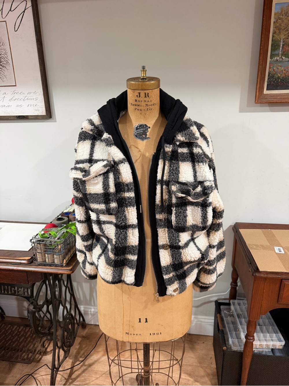 Madden Girl Black & White Plaid Sherpa Shirt Jacket with Hood